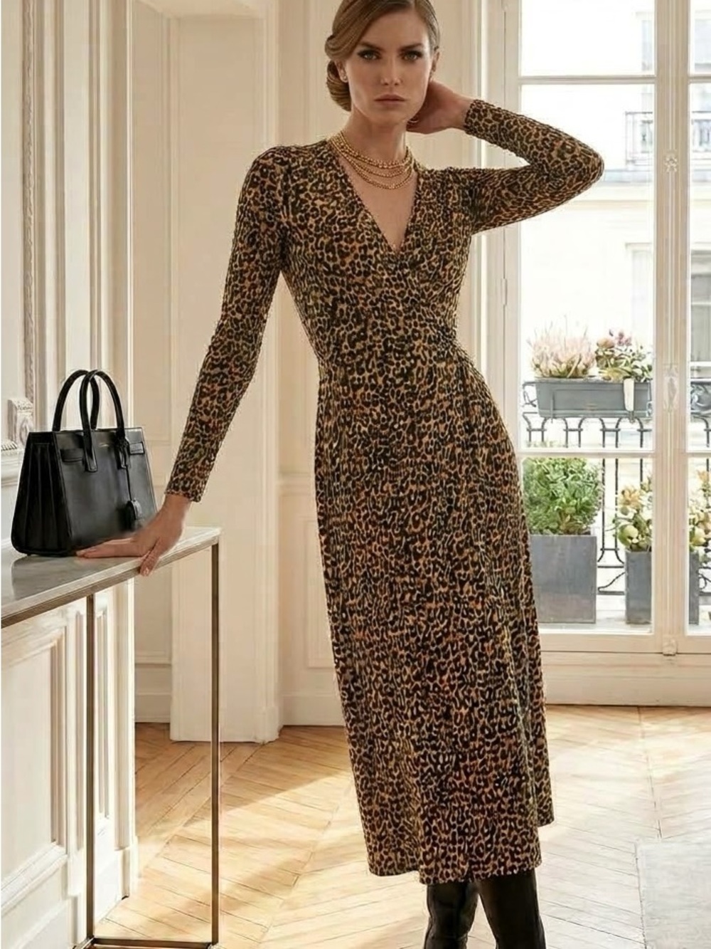 Mango Leopard Print V-Neck Long Sleeve Dress - Brown/Black Size S